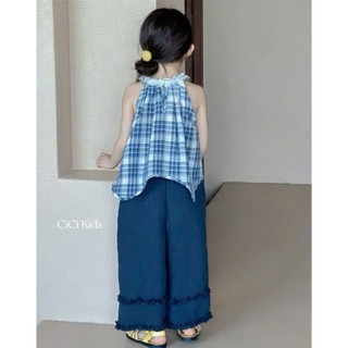 [B&G] Sét bộ Áo yếm caro xanh phối bèo cổ đáng yêu kết hợp quần suông rộng thời trang cho bé gái