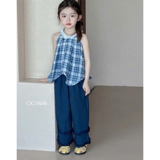 [B&G] Sét bộ Áo yếm caro xanh phối bèo cổ đáng yêu kết hợp quần suông rộng thời trang cho bé gái