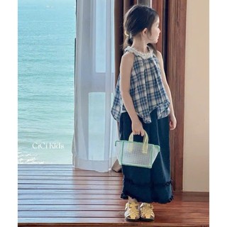 [B&G] Sét bộ Áo yếm caro xanh phối bèo cổ đáng yêu kết hợp quần suông rộng thời trang cho bé gái