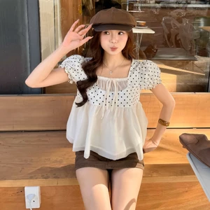 Áo babydoll DOTI cổ vuông chấm bi phối dây buộc AO934