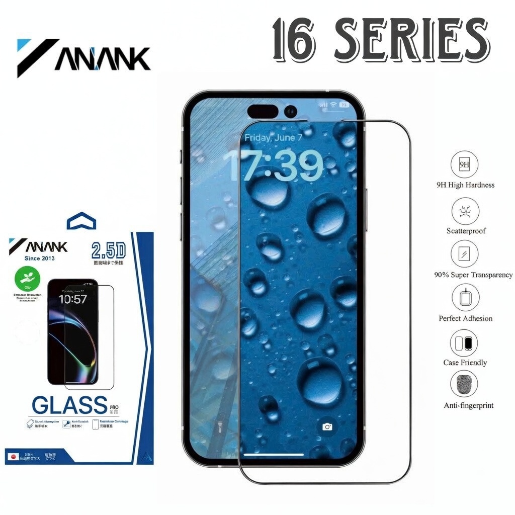 [Chính Hãng] Kính Cường Lực ANANK 2.5D Full Màn Hình Cho IP 17 Pro Max/17 Air/16/15/14/13/12 - Trong Viền Đen Siêu Mỏng