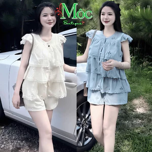 Set bộ đùi, set nữ áo cánh tiên Ren hoa nổi phối bèo Ren tầng 2 lớp cao cấp mix quần short xinh