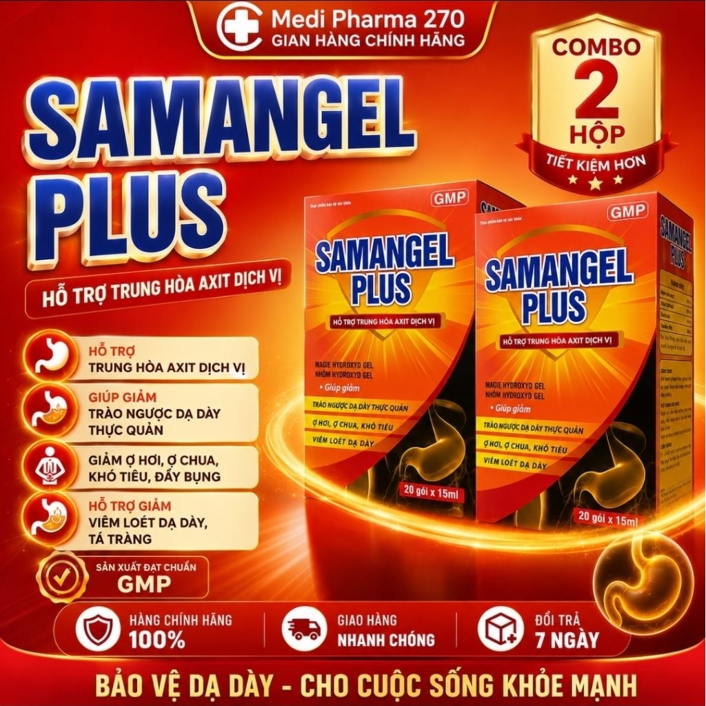 Gel dạ dày [Combo 2hộp] hỗ trợ giảm đau dạ dày, trào ngược dạ dày thực quản loét dạ dày-Samangel plus hộp 20 gói