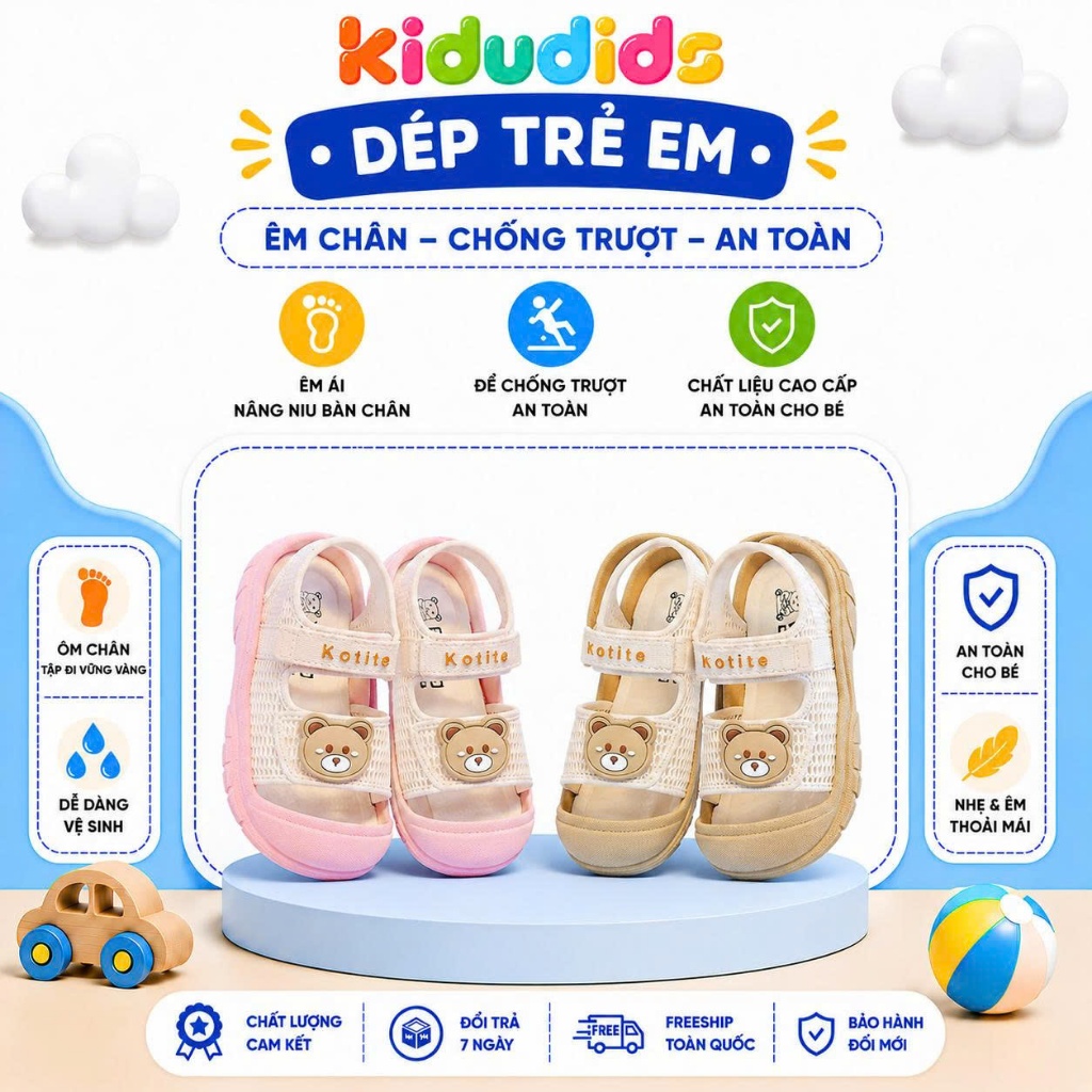Dép Sandal Bé Gái, Kidudids Bé Trai Hình Gấu Dễ Thương Đế Mềm Chống Trượt Tập Đi Cho Bé 18-23 Mã 985