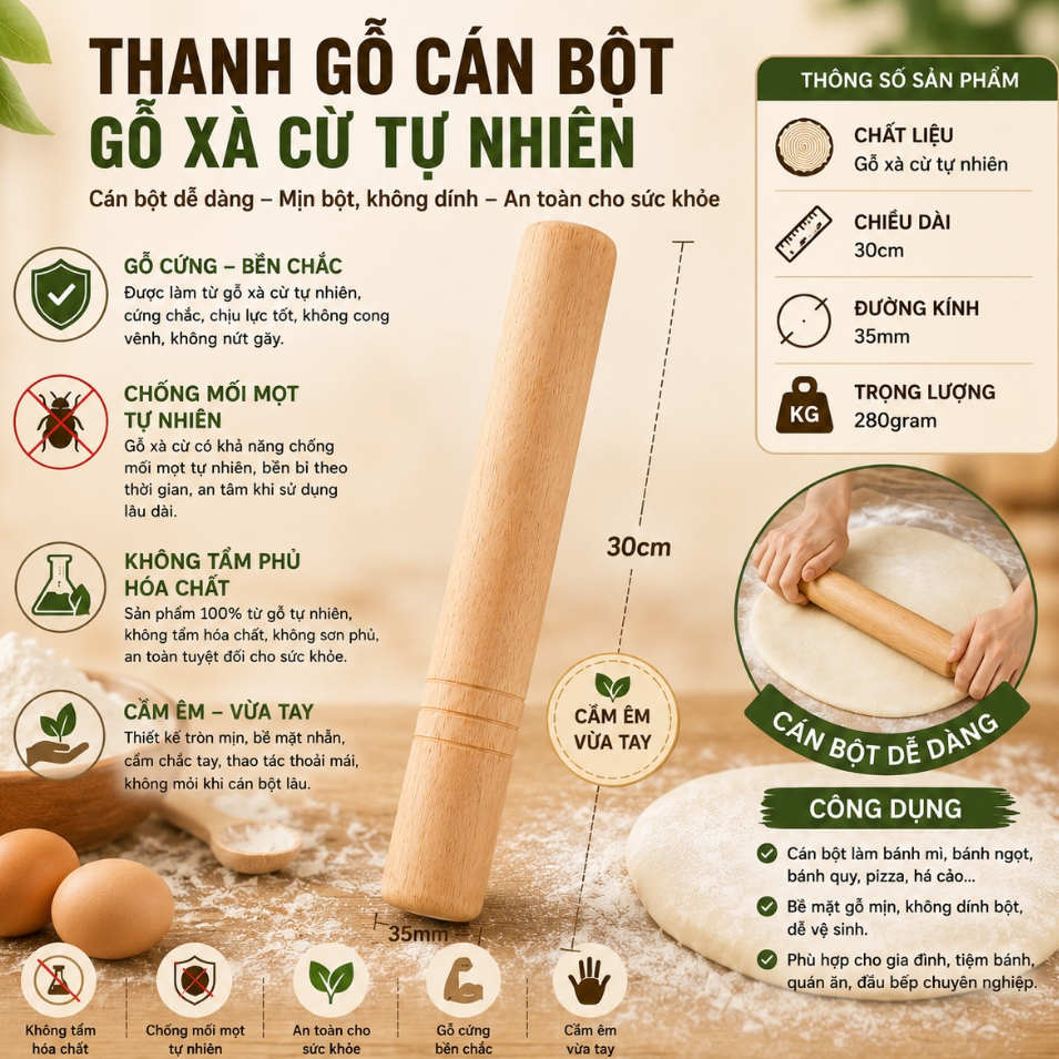 Chày Gỗ Đập Nước Đá Xà Cừ Cao Cấp 30cm, Nặng 250g Cầm Đầm Tay Cho Quán Cà Phê, Gia Đình, cán bột, đâm tiêu