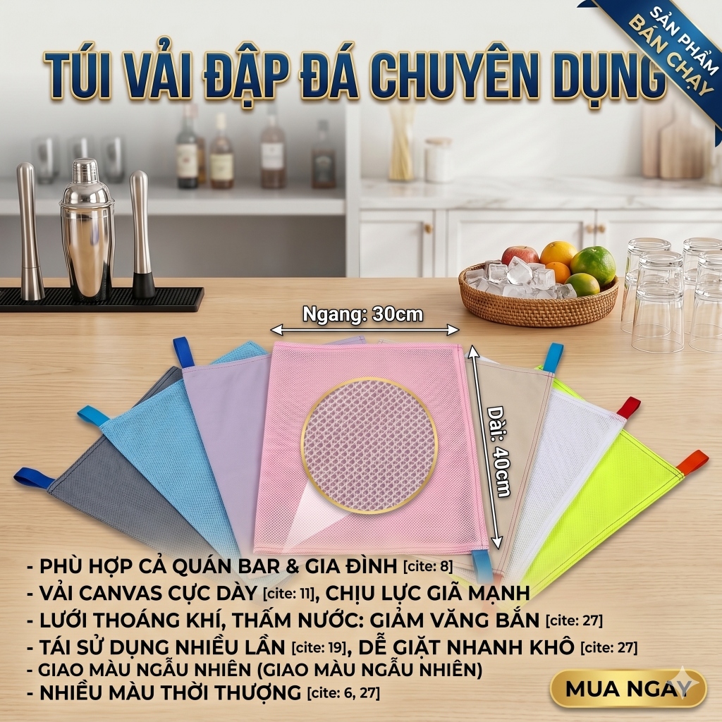 Túi Đập Đá Vải Bố Cao Cấp (30x44cm) - Túi Đựng Đập Nước Đá Siêu Bền Khô Ráo Nhuyễn Mịn Tiện Dụng Cho Nhà Bếp