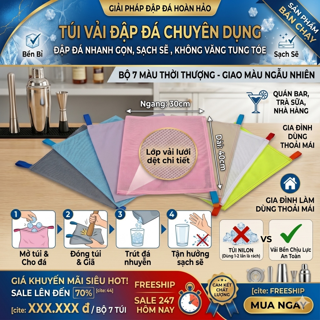 Túi Đập Đá Vải Bố Cao Cấp (30x44cm) - Túi Đựng Đập Nước Đá Siêu Bền Khô Ráo Nhuyễn Mịn Tiện Dụng Cho Nhà Bếp