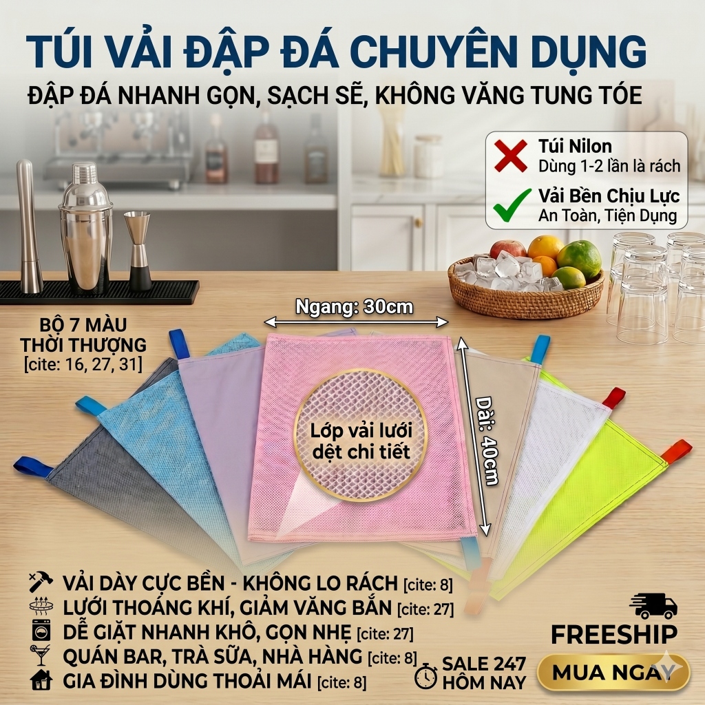 Túi Đập Đá Vải Bố Cao Cấp (30x44cm) - Túi Đựng Đập Nước Đá Siêu Bền Khô Ráo Nhuyễn Mịn Tiện Dụng Cho Nhà Bếp