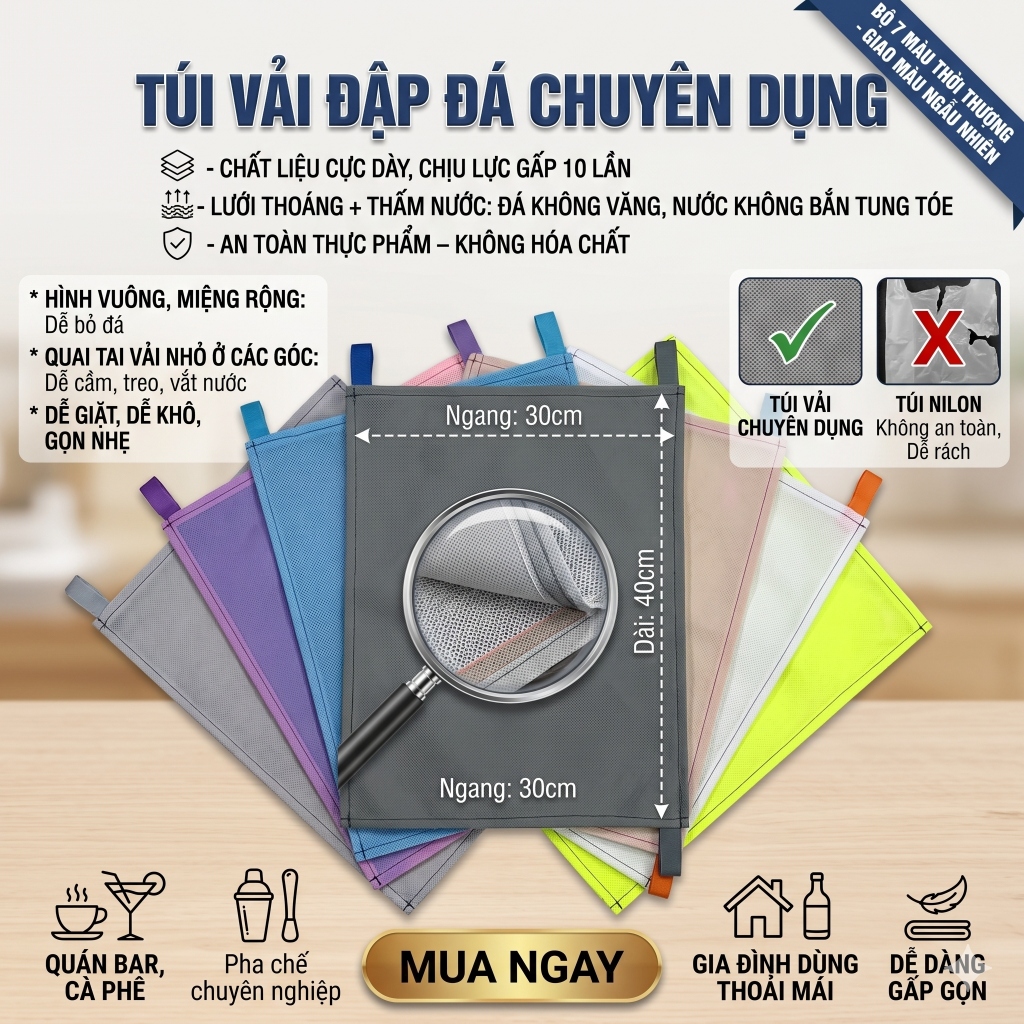 Túi Đập Đá Vải Bố Cao Cấp (30x44cm) - Túi Đựng Đập Nước Đá Siêu Bền Khô Ráo Nhuyễn Mịn Tiện Dụng Cho Nhà Bếp