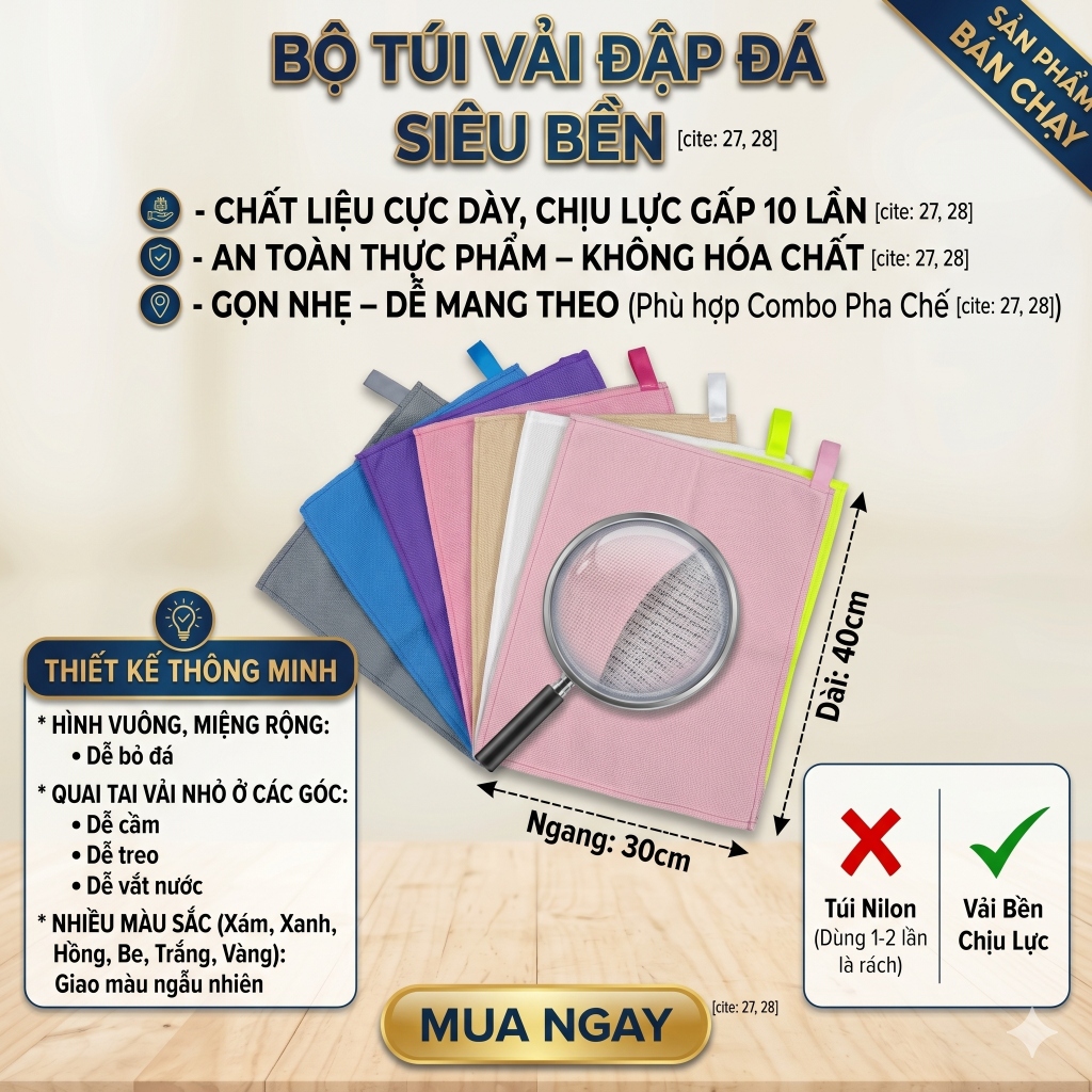 Túi Đập Đá Vải Bố Cao Cấp (30x44cm) - Túi Đựng Đập Nước Đá Siêu Bền Khô Ráo Nhuyễn Mịn Tiện Dụng Cho Nhà Bếp