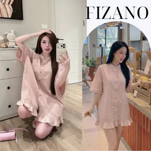 Váy sơ mi dáng ngắn phối bèo nhún chất thô xốp họa tiết chấm bi đầm ngủ babydoll coquette HCOM27276