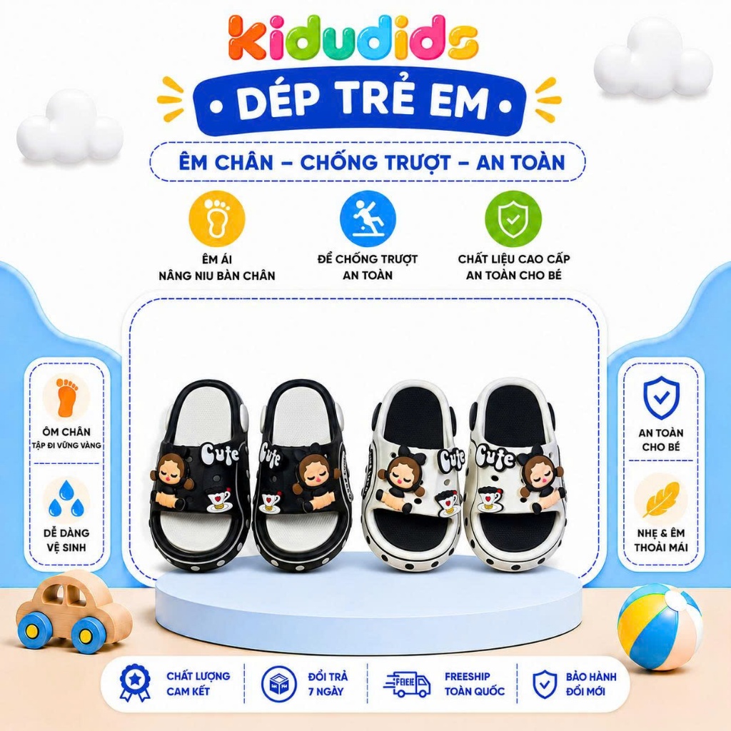 Dép Lê Bé Gái 3 - 6 Tuổi Kidudids Cute Chống Trượt Êm Chân An Toàn Đi Học Đi Chơi Size 24-29