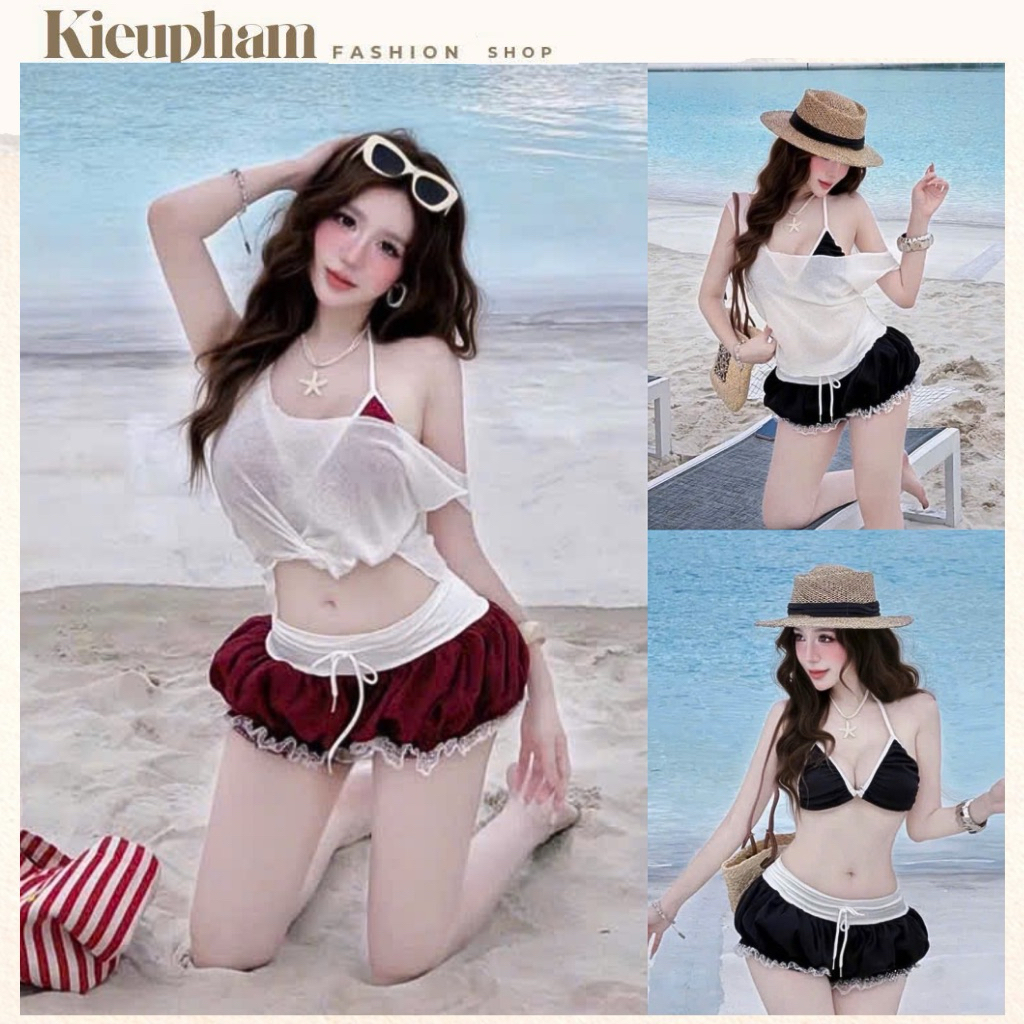[Set Đi Biển 3 Món] Bikini Tam Giác Kèm Áo Lưới Voan Mỏng + Quần Bí Ren Tiểu Thư Hot Trend Kieupham.shop