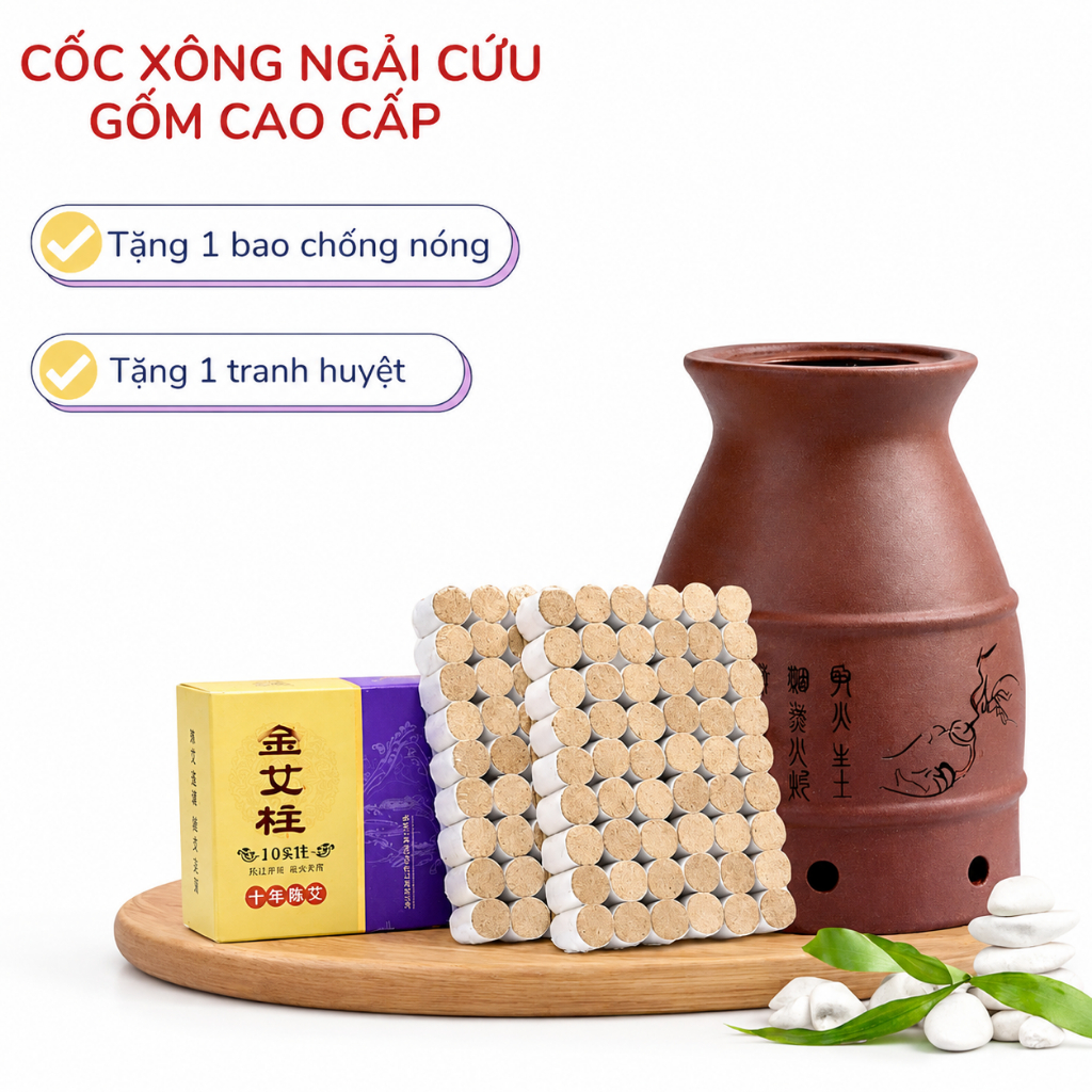 Cốc Xông Ngải Cứu Bằng Gốm Tặng Kèm Tranh Huyệt, Dùng Spa Trị Liệu Giảm Đau Cổ Vai Gáy.