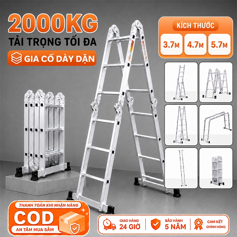 REAIM Thang Nhôm Gấp 4 Đoạn Đa Năng 3.7M 4.7M 5.7M, Thang Chữ A Chữ M Duỗi Thẳng, Khóa Chốt Tự Động