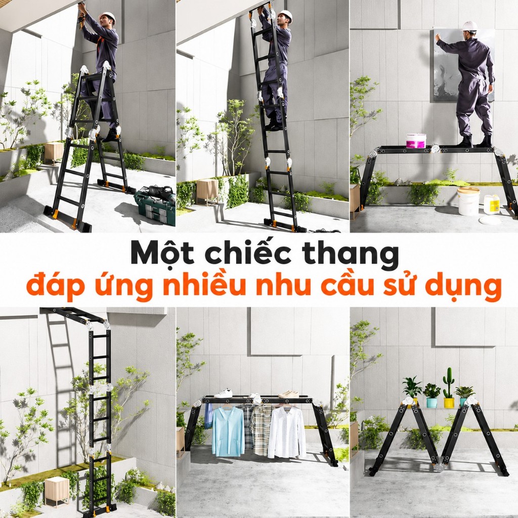 REAIM Thang Nhôm Gấp 4 Đoạn Đa Năng 3.7M 4.7M 5.7M, Thang Chữ A Chữ M Duỗi Thẳng, Khóa Chốt Tự Động