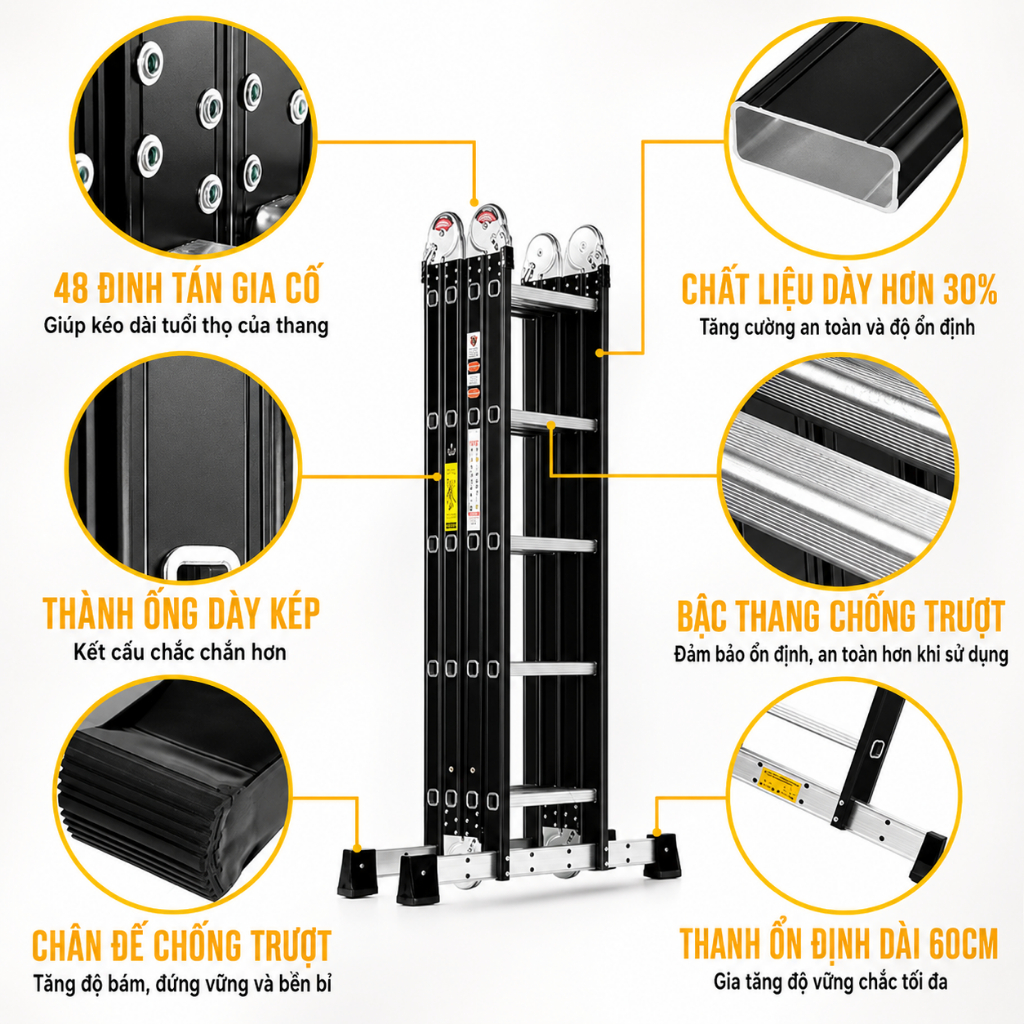 REAIM Thang Nhôm Gấp 4 Đoạn Đa Năng 3.7M 4.7M 5.7M, Thang Chữ A Chữ M Duỗi Thẳng, Khóa Chốt Tự Động