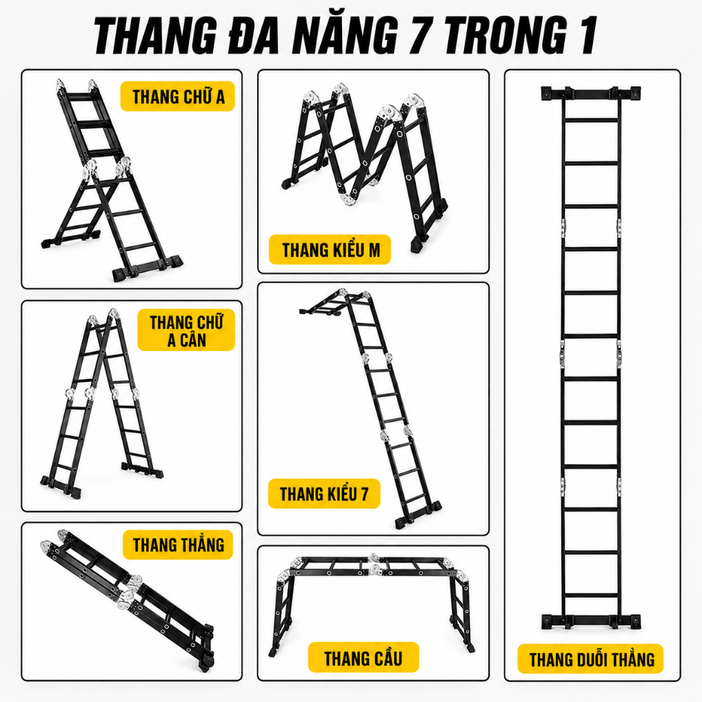 REAIM Thang Nhôm Gấp 4 Đoạn Đa Năng 3.7M 4.7M 5.7M, Thang Chữ A Chữ M Duỗi Thẳng, Khóa Chốt Tự Động