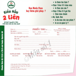 Phiếu Thu 2 liên-Bloc 2 (in sẵn) & Bloc 6 (chọn mẫu in tên) hoặc theo thiết kế