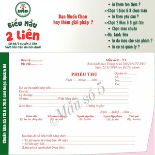 Phiếu Thu 2 liên-Bloc 2 (in sẵn) & Bloc 6 (chọn mẫu in tên) hoặc theo thiết kế