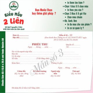 Phiếu Thu 2 liên-Bloc 2 (in sẵn) & Bloc 6 (chọn mẫu in tên) hoặc theo thiết kế