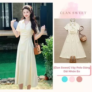 Váy Polo Dáng Dài Nhún Eo - Váy Polo Ngắn Tay Dáng Xòe Tiểu Thư Công Sở Đi Chơi Dạo Phố Thu Hút