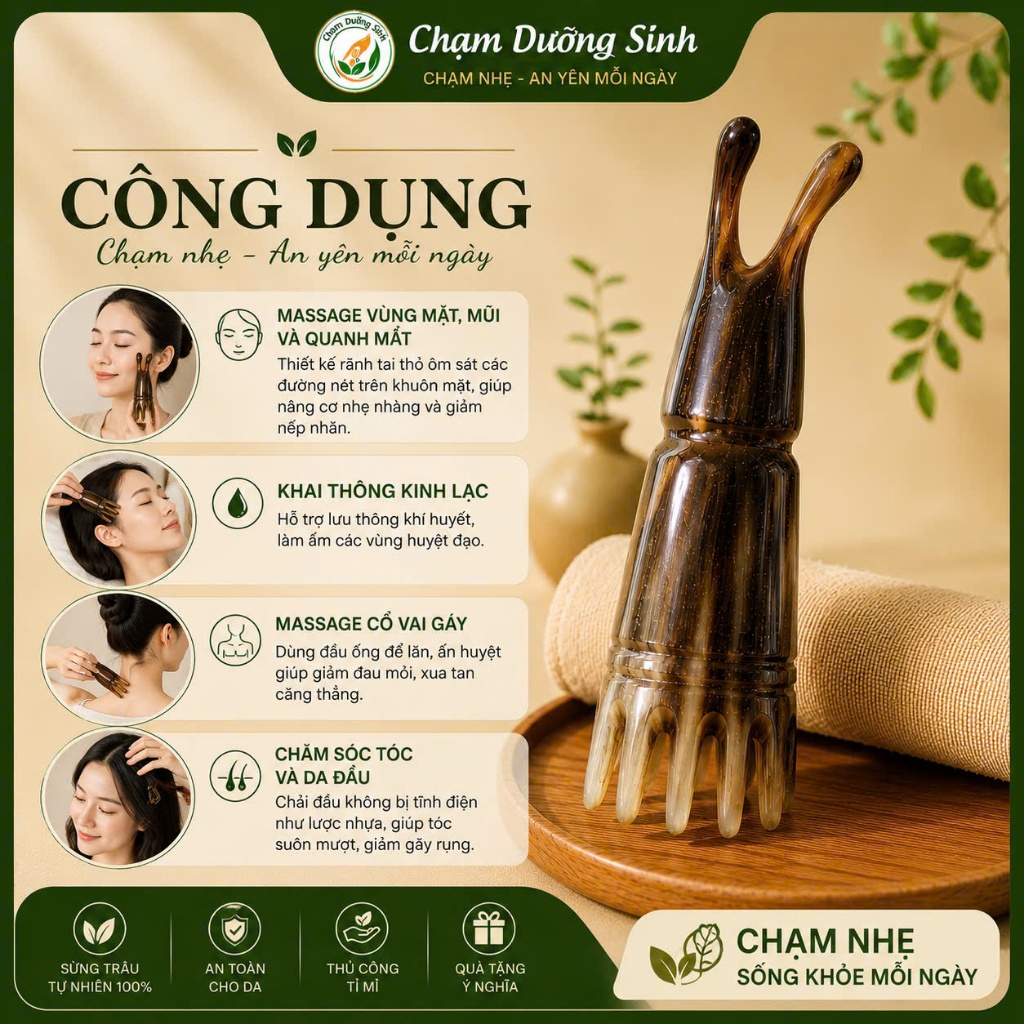 Ống Sừng Tai Thỏ Massage Đa Năng – Dụng Cụ Day Ấn Huyệt, Massage Cổ Vai Gáy, Thư Giãn Cơ Thể