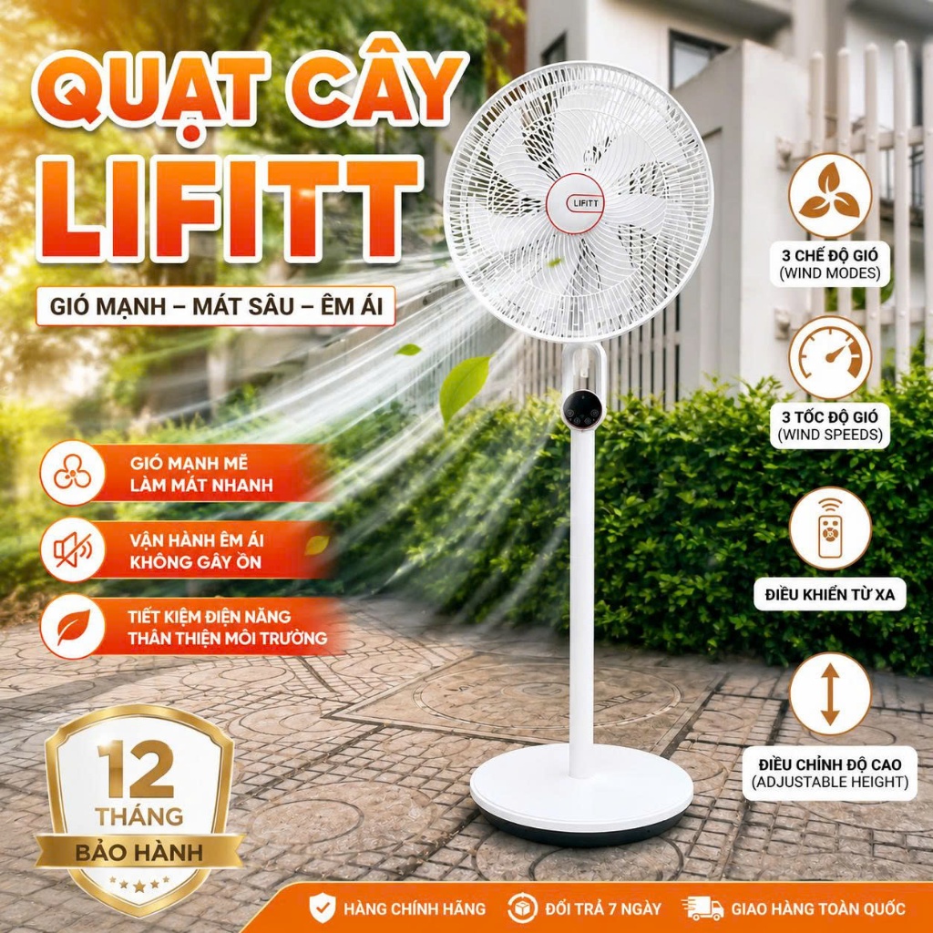 Quạt cây đứng LIFITT công suất 45W, quạt cây nâng hạ 3 khúc điều chỉnh dễ dàng, có điều khiển từ xa