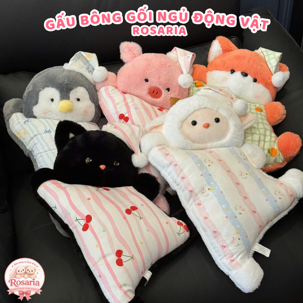 Gấu Bông Gối Ngủ Con Vật Siêu Mềm – Mèo Đen Heo Hồng Cừu Cáo Chim Cánh Cụt Gối Ôm Quà Tặng Dễ Thương