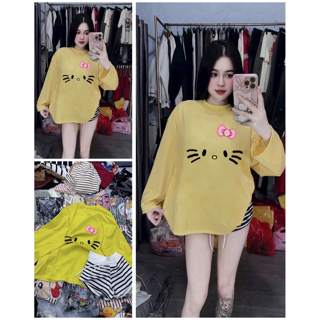 L472- Sét Bộ Nữ Áo Thun Tay Dài Form Rộng In Hình Hoạt Hình Mix Quần Short Kẻ Tôn Dáng (40-60kg)