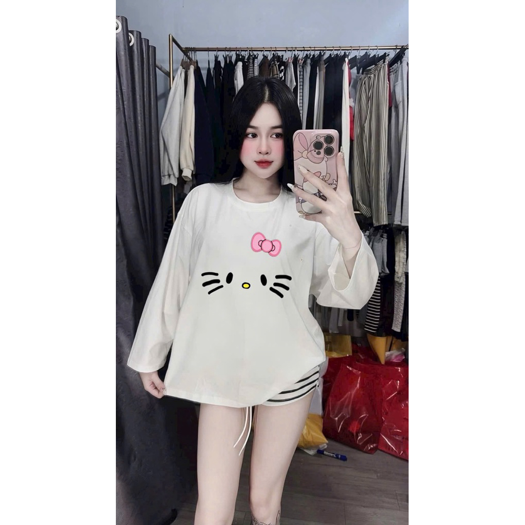 L472- Sét Bộ Nữ Áo Thun Tay Dài Form Rộng In Hình Hoạt Hình Mix Quần Short Kẻ Tôn Dáng (40-60kg)