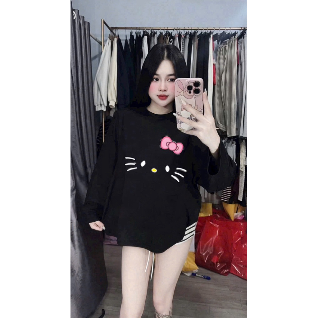 L472- Sét Bộ Nữ Áo Thun Tay Dài Form Rộng In Hình Hoạt Hình Mix Quần Short Kẻ Tôn Dáng (40-60kg)