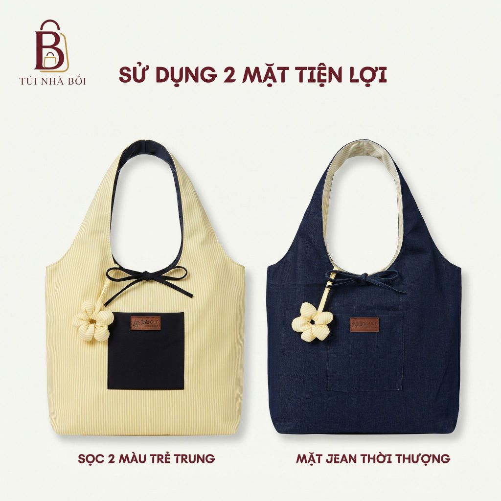 Túi Tote Nữ Canvas Caro 2 Mặt Có Charm Hoa, Đeo Vai Đi Học,Đi Chơi Thời Trang, Túi Nhà Bối T-10. | BigBuy360 - bigbuy360.vn