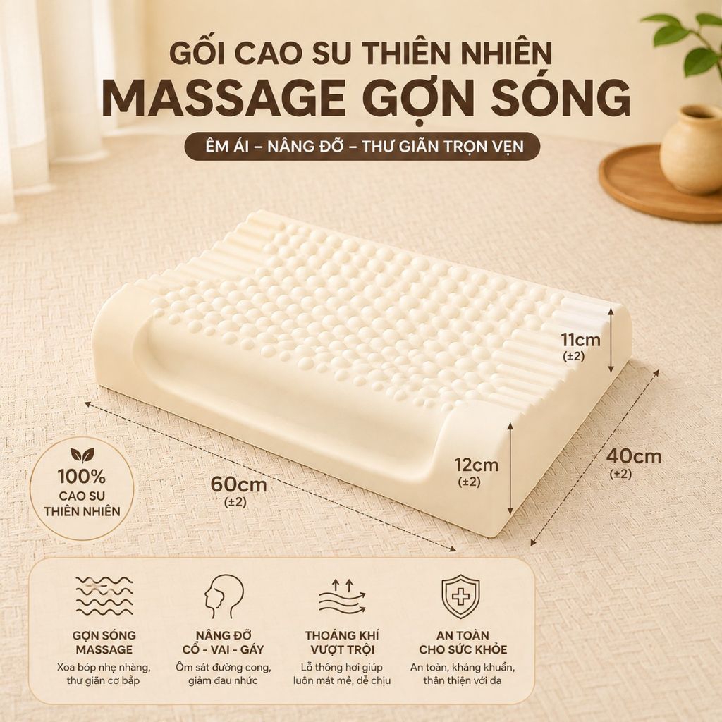 Gối Cao Su Thiên Nhiên Gợn Sóng Massage Aniva Home - Gối Ngủ Thoáng Khí, Hỗ Trợ Cổ Vai Gáyo