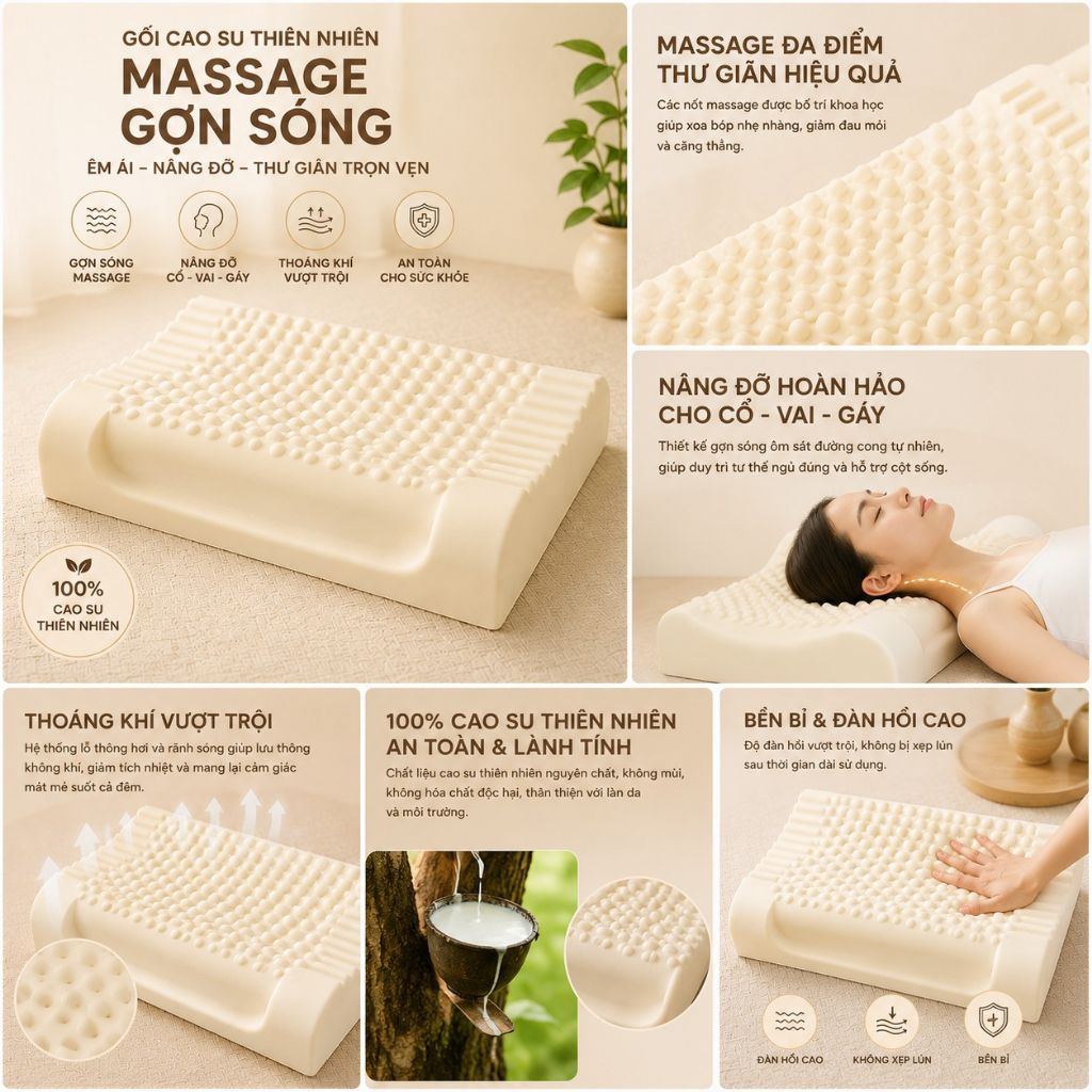 Gối Cao Su Thiên Nhiên Gợn Sóng Massage Aniva Home - Gối Ngủ Thoáng Khí, Hỗ Trợ Cổ Vai Gáyo