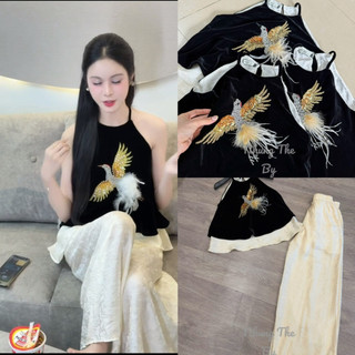 Sét áo nhung the cổ yếm khâu hạc cánh vàng lót lụa be + quần xuông lụa mà be