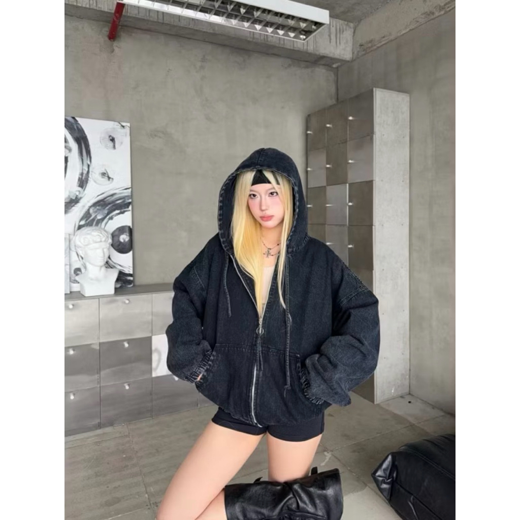 Khoác jean zip WHYCI có nón form rộng unisex nam nữ Jejul | BigBuy360 - bigbuy360.vn