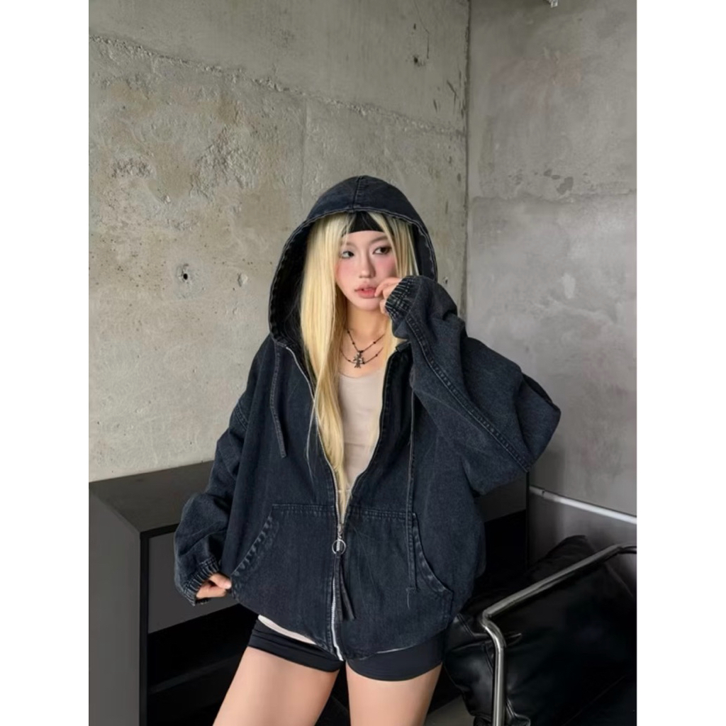 Khoác jean zip WHYCI có nón form rộng unisex nam nữ Jejul | BigBuy360 - bigbuy360.vn