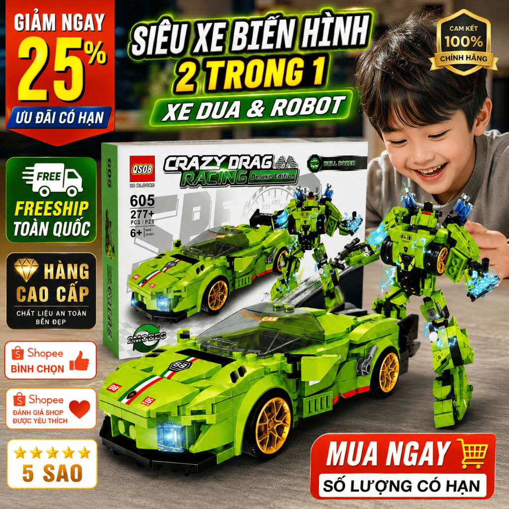 Đồ Chơi Lắp Ráp Xe Đua Biến Hình Robot 2 Trong 1 Mô Hình Lắp Ghép Xe Robot Cao Cấp Cho Bé