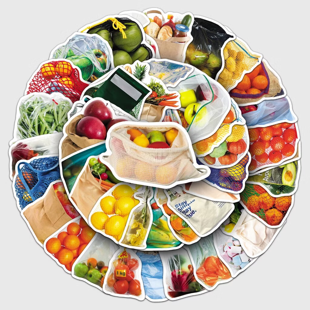sticker các túi hàng hoá rau củ quả đi chợ
