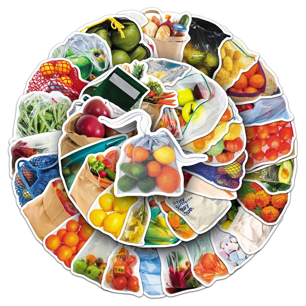 sticker các túi hàng hoá rau củ quả đi chợ