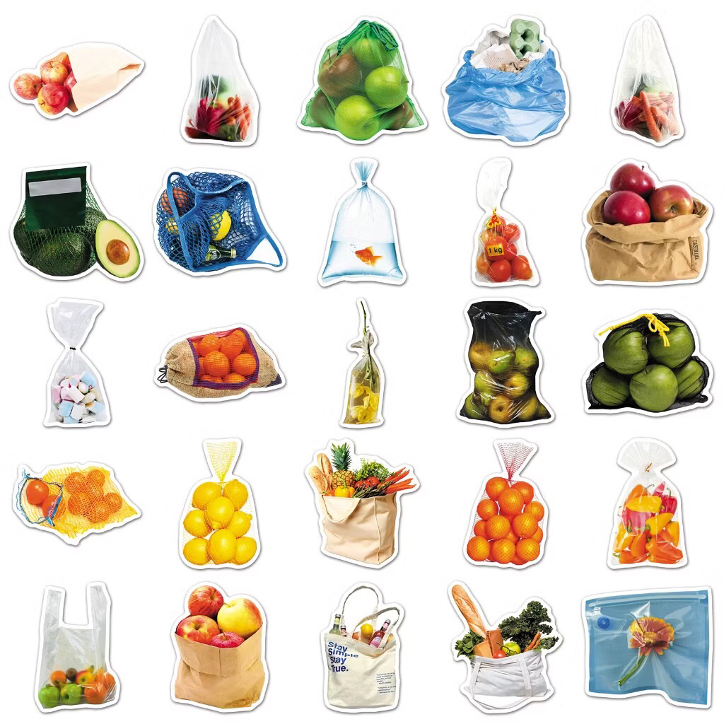 sticker các túi hàng hoá rau củ quả đi chợ