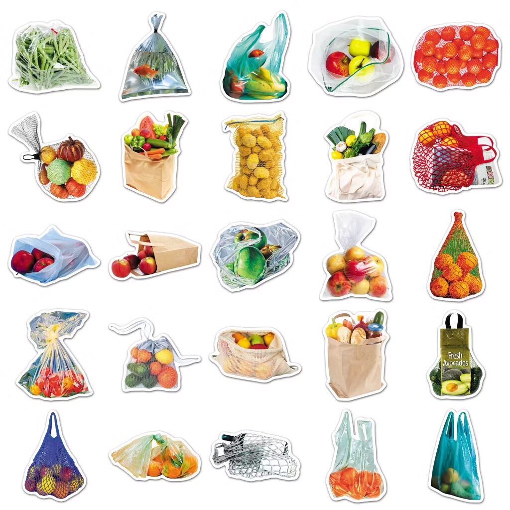 sticker các túi hàng hoá rau củ quả đi chợ