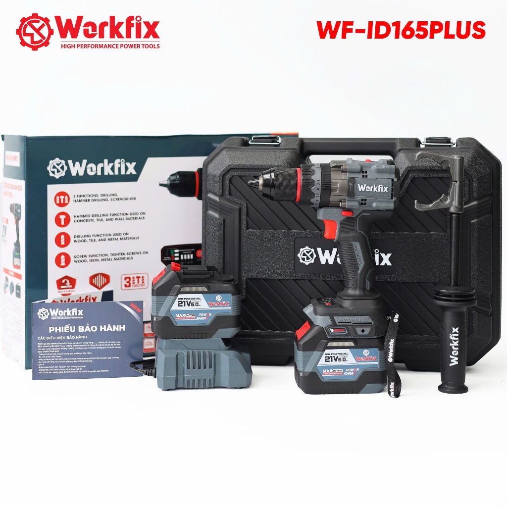 Máy khoan pin Workfix WF-ID165PLUS,165Nm, Tạo xung - Tắt Bật Chống Lật Cổ Tay - Giảm rung chấn AVS