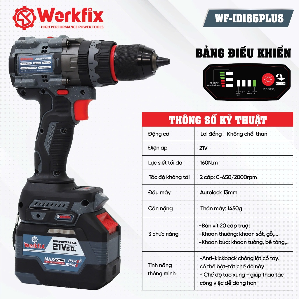 Máy khoan pin Workfix WF-ID165PLUS,165Nm, Tạo xung - Tắt Bật Chống Lật Cổ Tay - Giảm rung chấn AVS