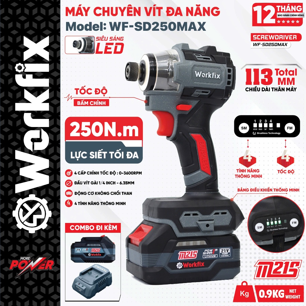 Máy chuyên vít búa WORKFIX WF-CV250MAX, Lực siết 250Nm, 4 cấp độ - 4 chức năng thông minh - Gọn nhẹ