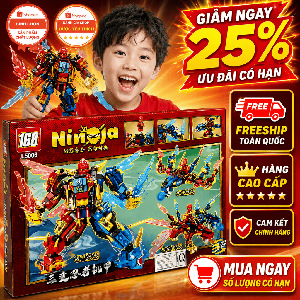 Robot Ninja Biến Hình 3in1 168 Mảnh Ghép Đồ Chơi Lắp Ráp Trí Tuệ STEM Quà Tặng Cho Bé
