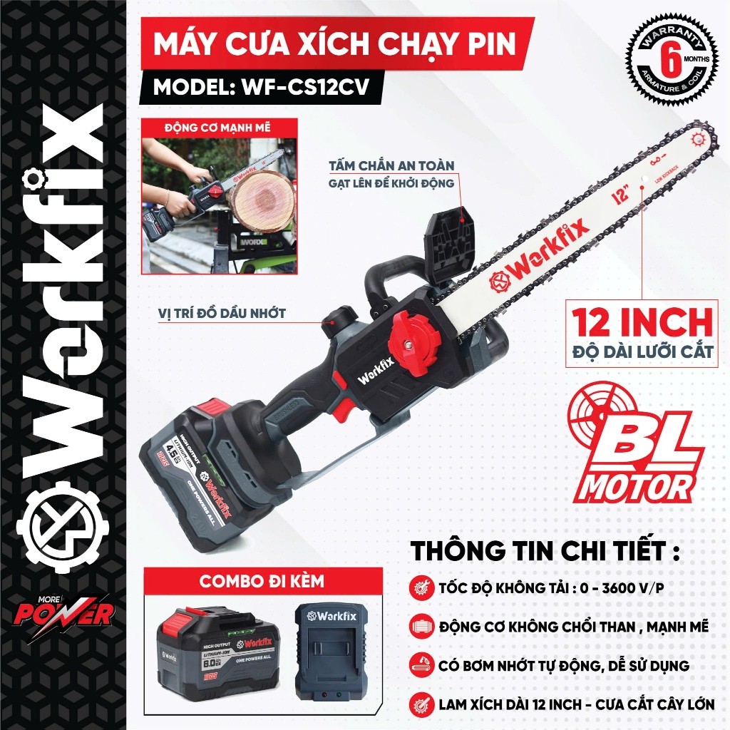 Máy cưa xích dùng pin WORKFIX WF-CS12CV, Lam xích 12inch, Tra nhớt tự động - Chân pin phổ thông