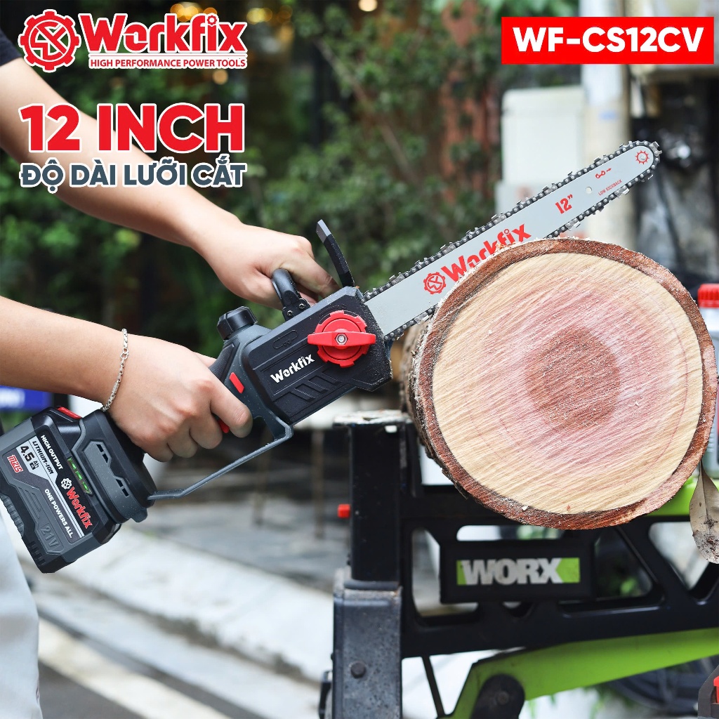 Máy cưa xích dùng pin WORKFIX WF-CS12CV, Lam xích 12inch, Tra nhớt tự động - Chân pin phổ thông
