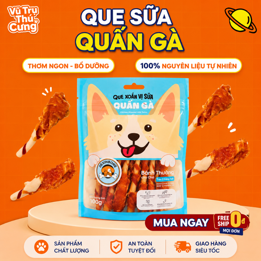 Snack Cho Chó Dexinbone Que Xoắn Vị Sữa Quấn Gà, Bổ Sung Protein, Tăng Cường Canxi, Loại Bỏ Mảng Bám